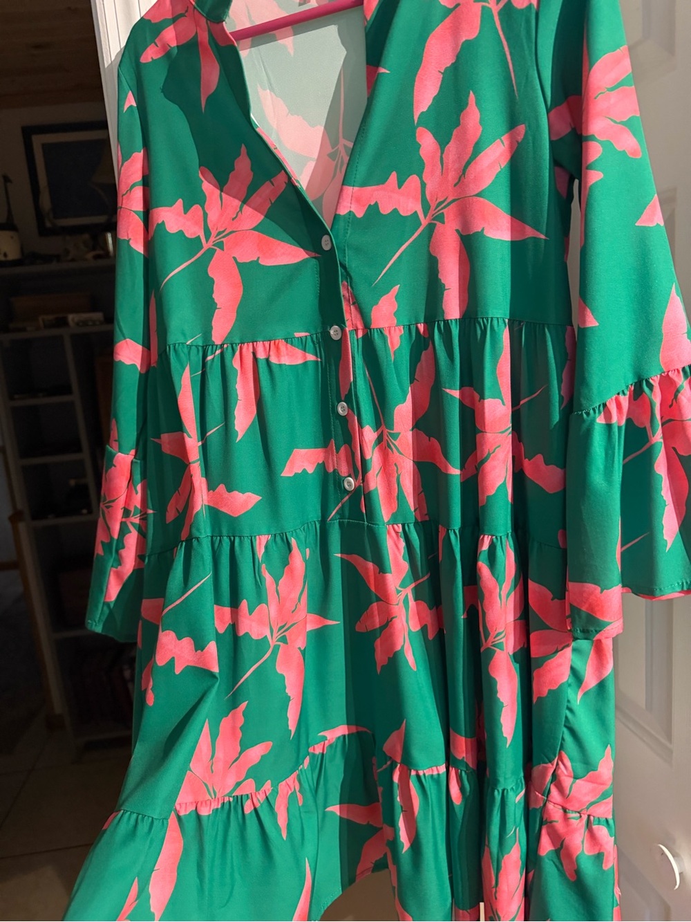 Green and Pink Floral Tiered Button-Front Dress
